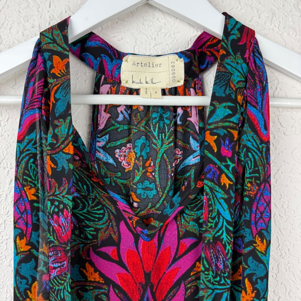 *Vintage Nicole Miller Artelier Womens Black Multicolor Floral Silk Halter Top - Picture 8 of 10